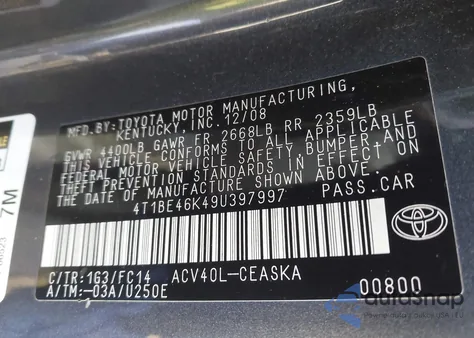 2009 Toyota Camry Se из США, поврежденный, VIN 4T1BE46K49U397997